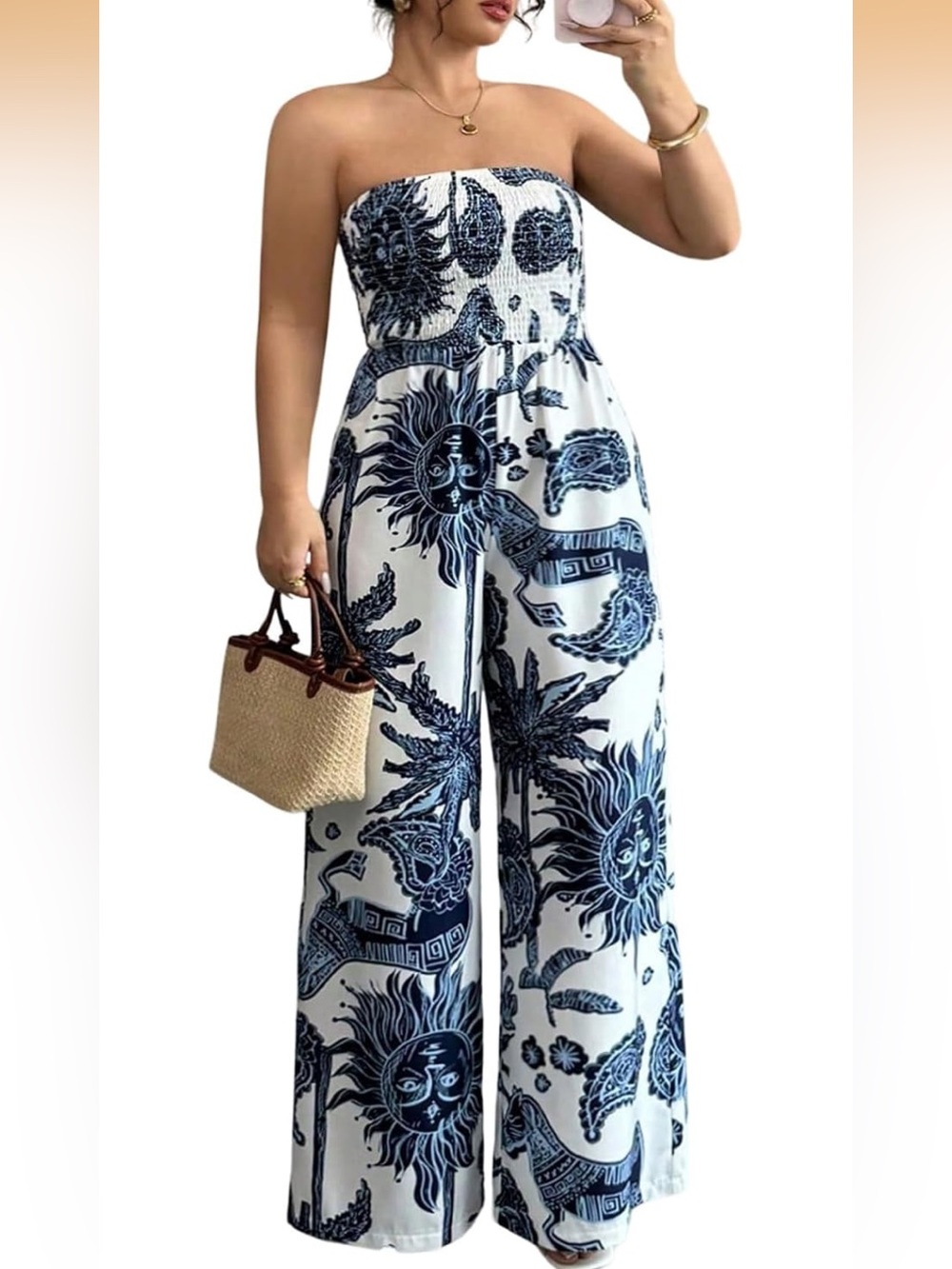 Boho Print Tube Top Jumpsuit Strapless Shirred Wide Leg Rompers